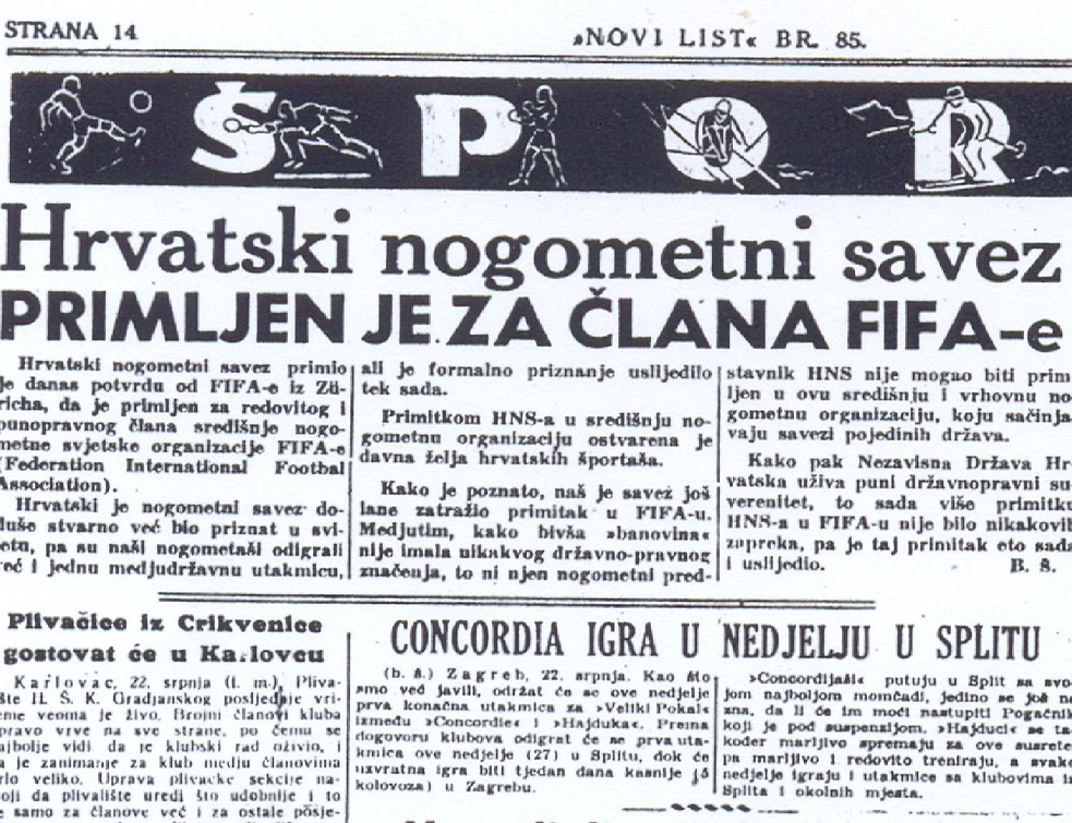 NDH 1941. primljena u članstvo FIFE